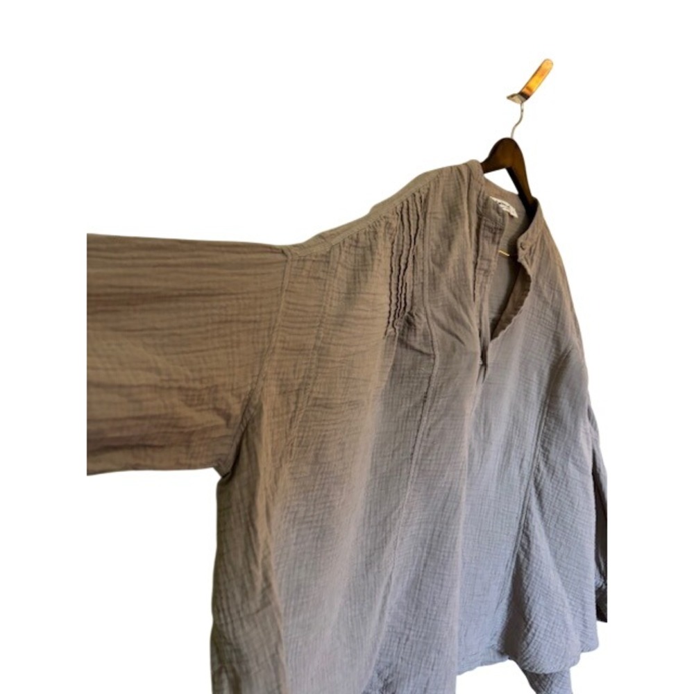 Three Bird Nest Gauze Cotton Tunic Top Taupe Brown Pintuck Oversized Henley L - Picture 6 of 8